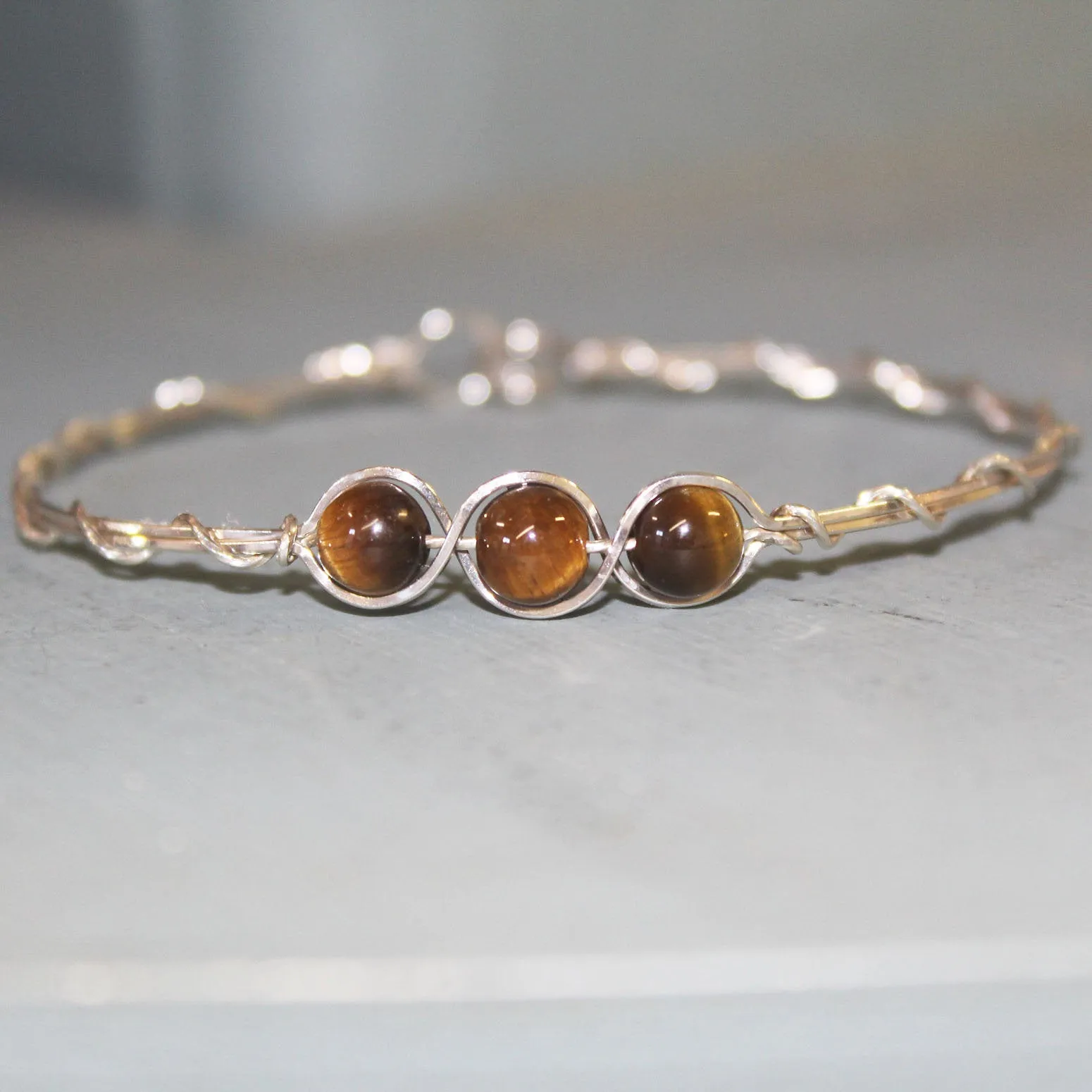 3-Bead Outline Brown Tiger Eye Beads Sterling Silver Wire Wrapped Bracelet