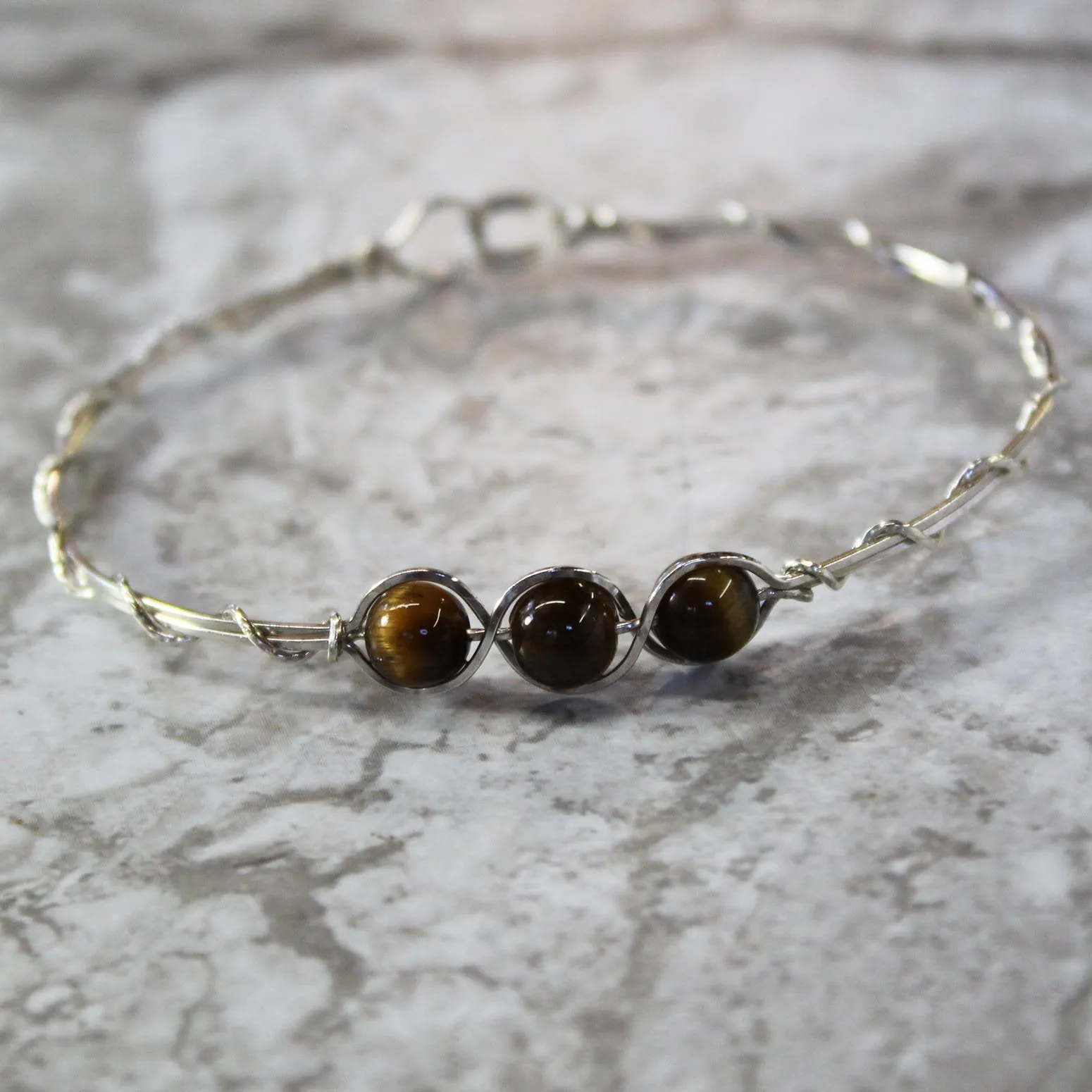 3-Bead Outline Brown Tiger Eye Beads Sterling Silver Wire Wrapped Bracelet