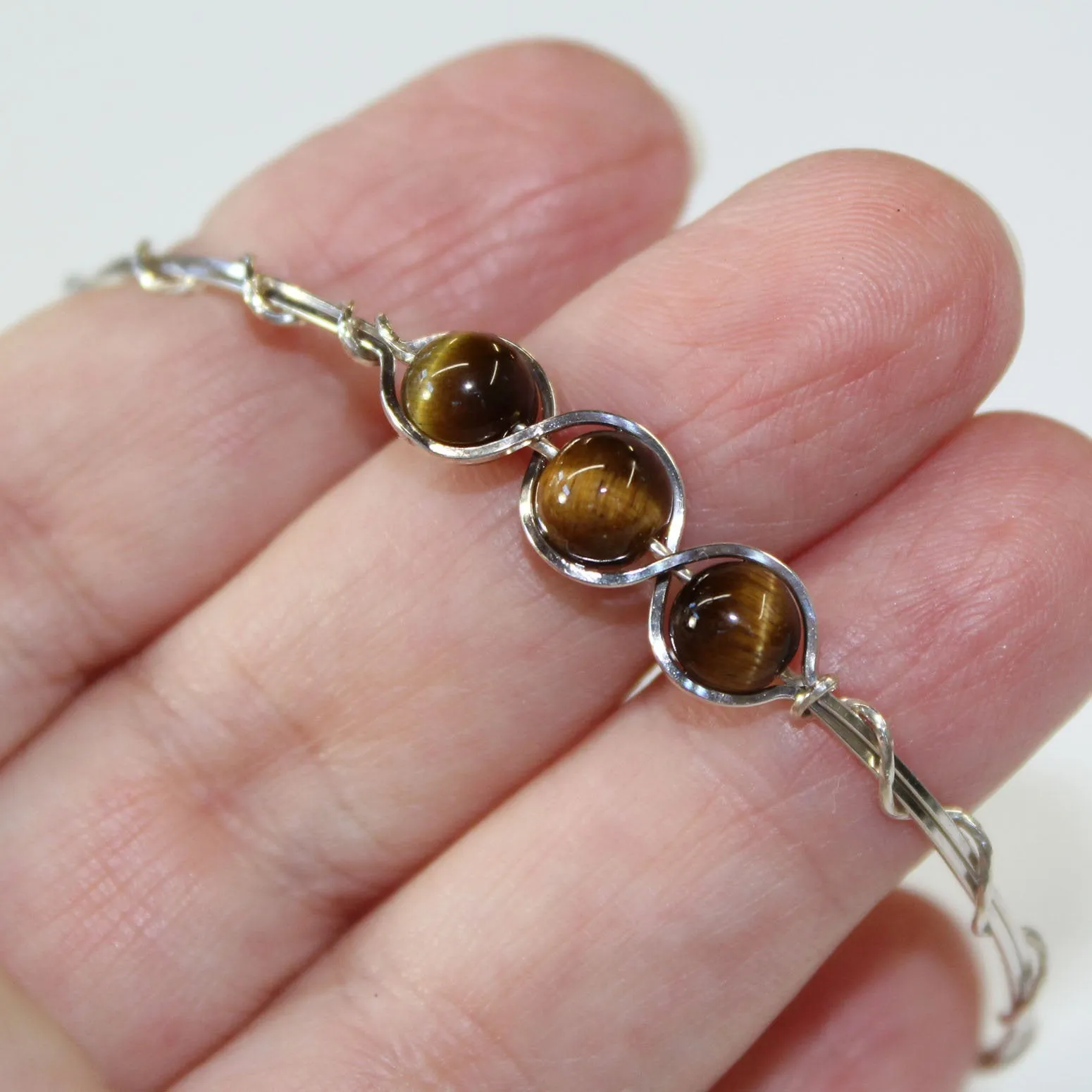3-Bead Outline Brown Tiger Eye Beads Sterling Silver Wire Wrapped Bracelet