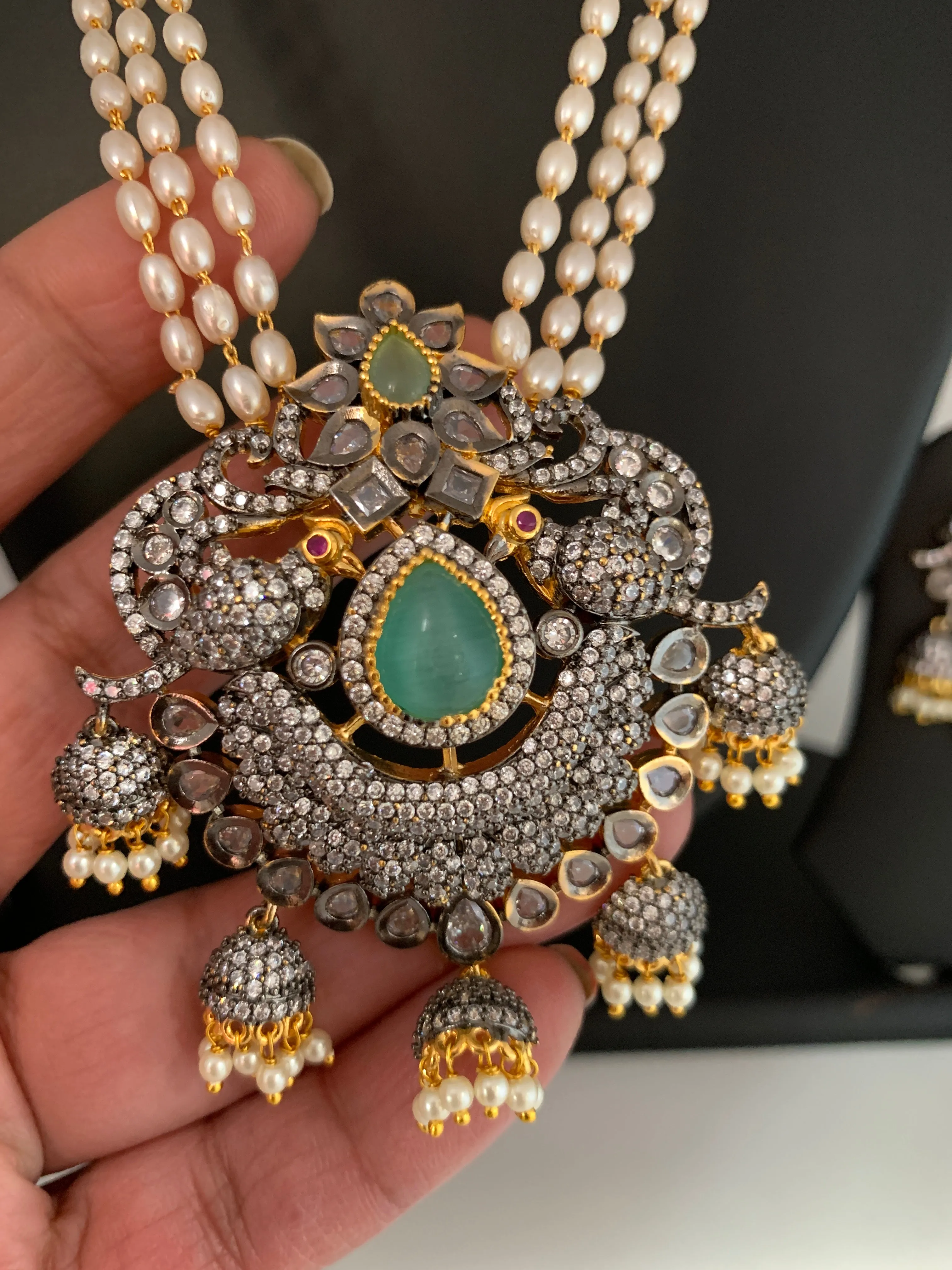 AD Mint Green Stone Pendent Rice Pearl Mala