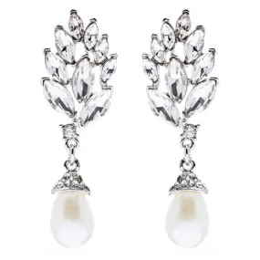 Bridal Wedding Jewelry Crystal Pearl Chic Modern Teardrop Dangle Earrings Silver