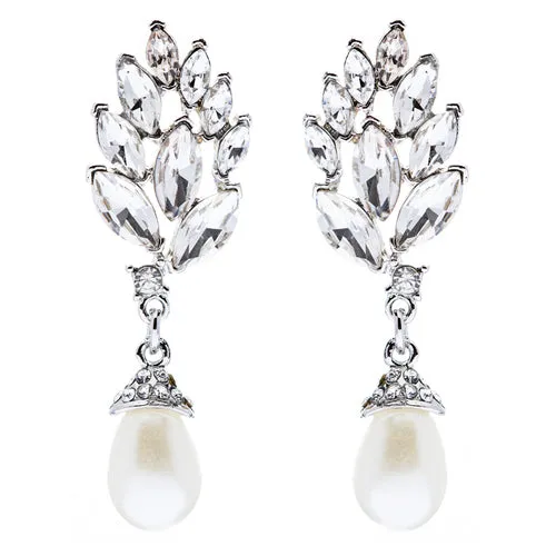 Bridal Wedding Jewelry Crystal Pearl Chic Modern Teardrop Dangle Earrings Silver