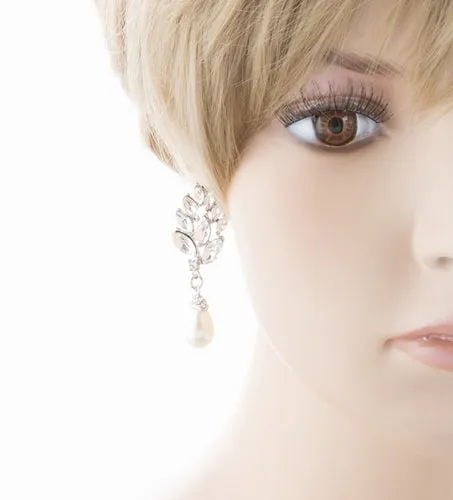 Bridal Wedding Jewelry Crystal Pearl Chic Modern Teardrop Dangle Earrings Silver
