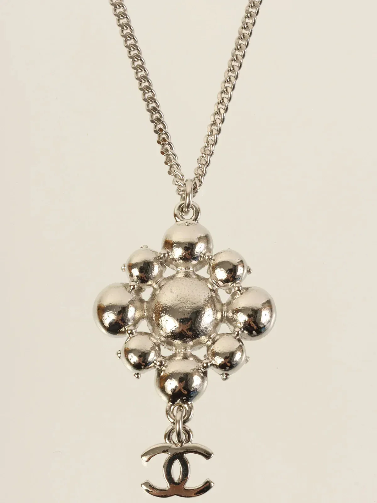 CHANEL 2012 Made Rhinestone Diamond Motif Cc Mark Swing Necklace Silver/Champagne