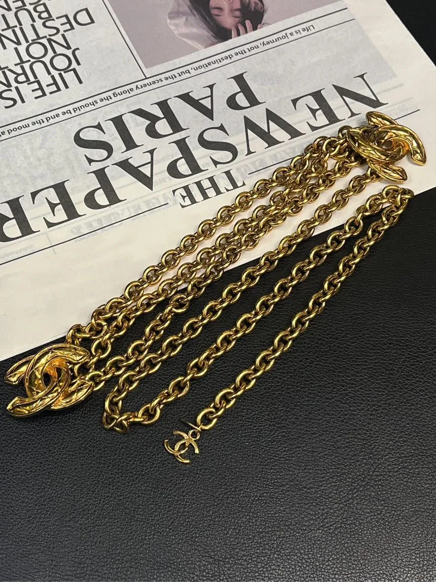 Chanel Gold Small Checkered Three-Strand Chain Waist Belt