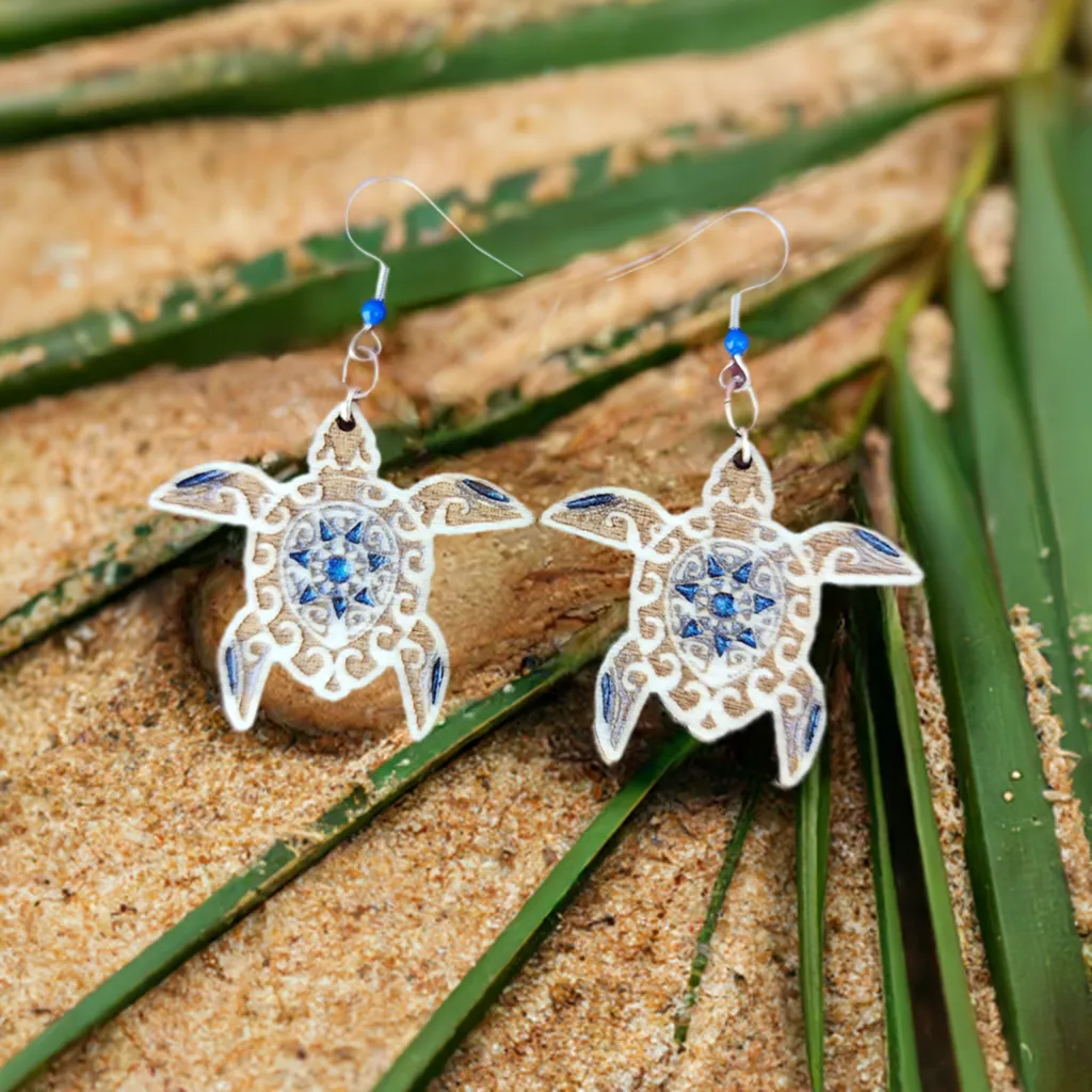 Engraved Wooden Earrings  Sea Turtle