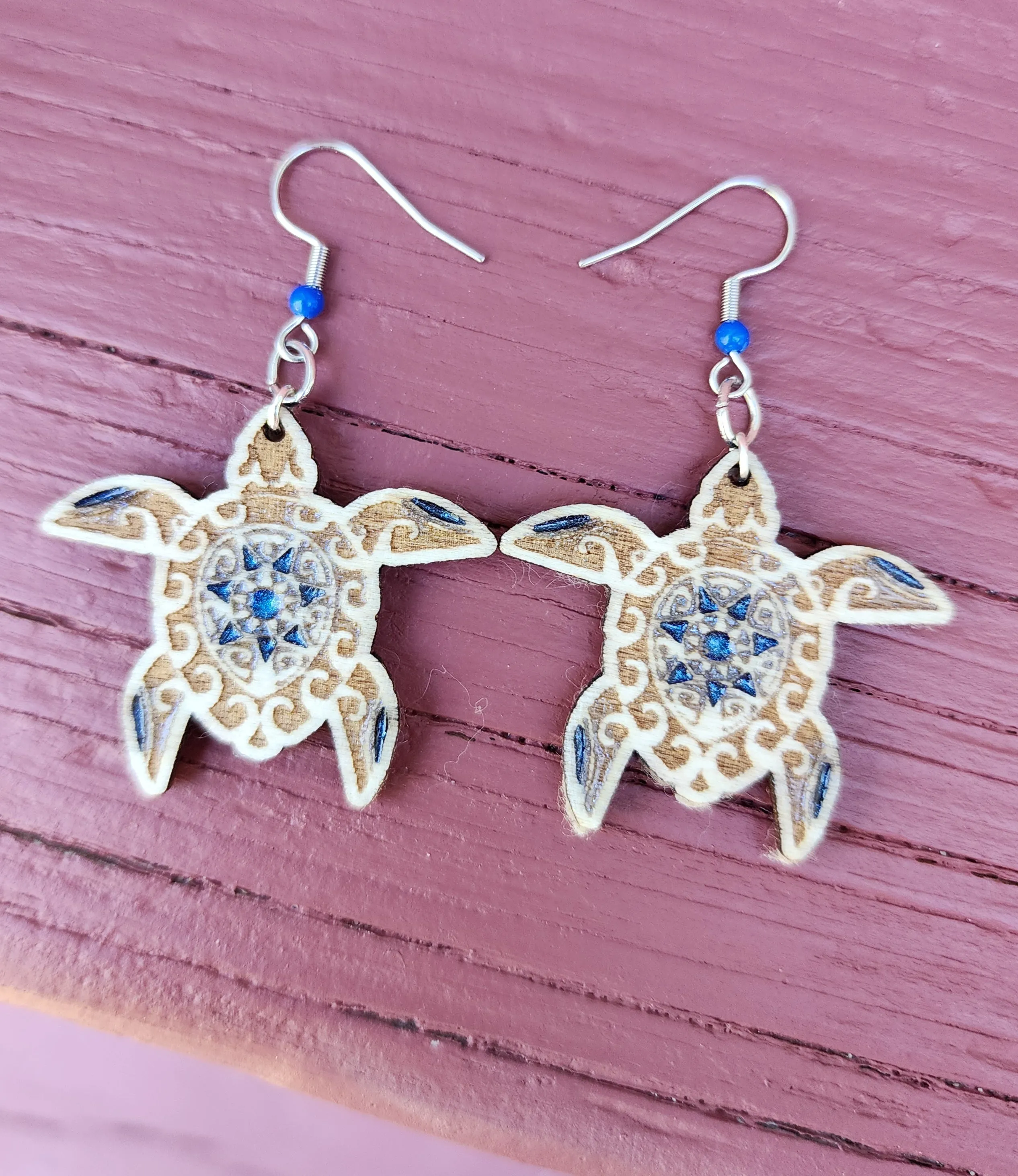 Engraved Wooden Earrings  Sea Turtle