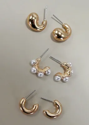 Golden Trio Pearl Huggie Hoop Set