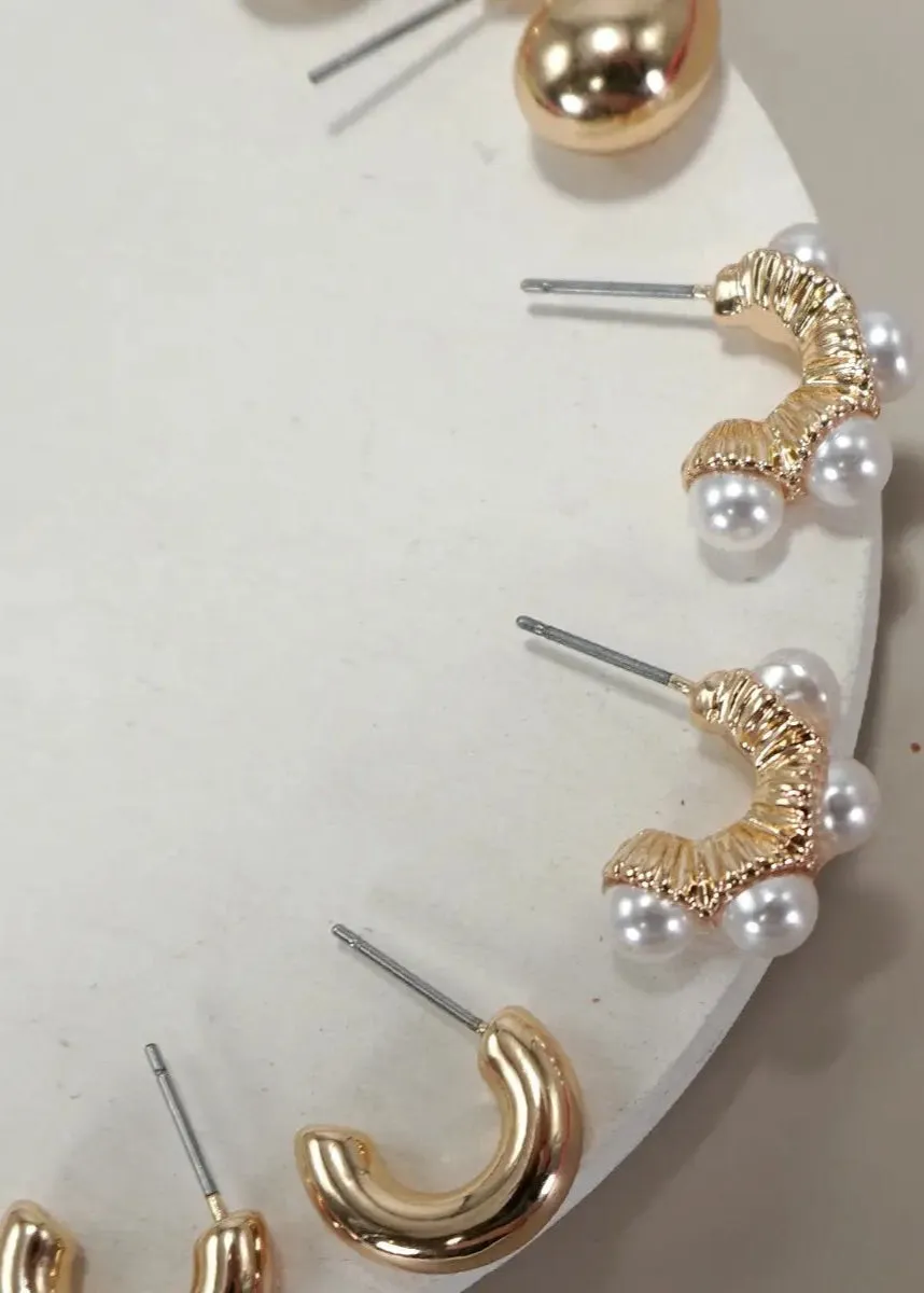 Golden Trio Pearl Huggie Hoop Set
