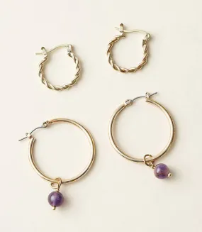 Jambumani Amethyst Bead and Braided Brass Hoops, Set of 2