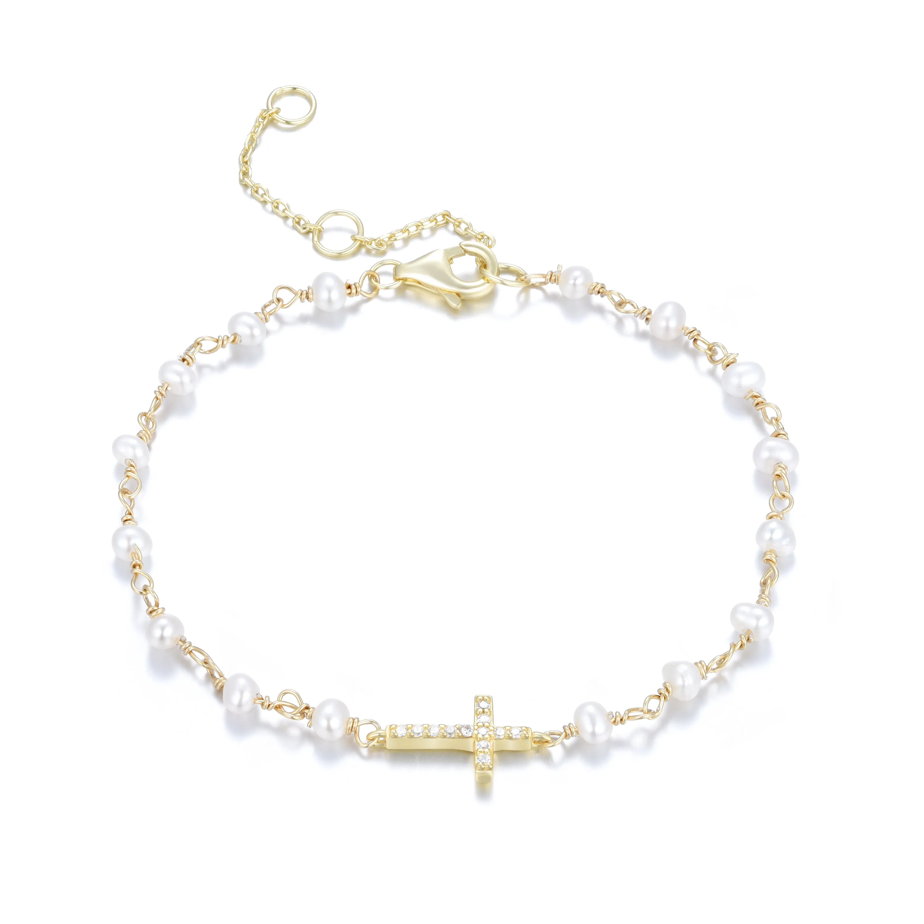 KATERINA CROSS FRESHWATER PEARL BEADED GOLD BRACELET
