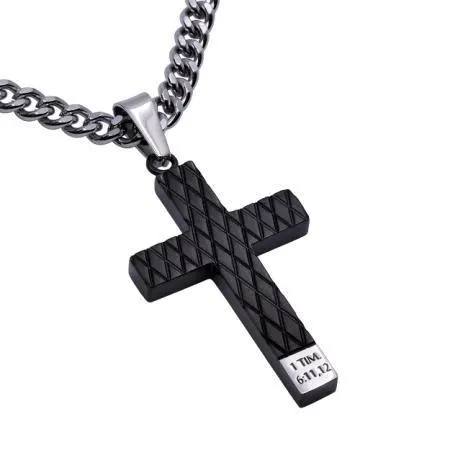 Man of God Black Diamond Pattern Cross Necklace - 1 Tim 6:11