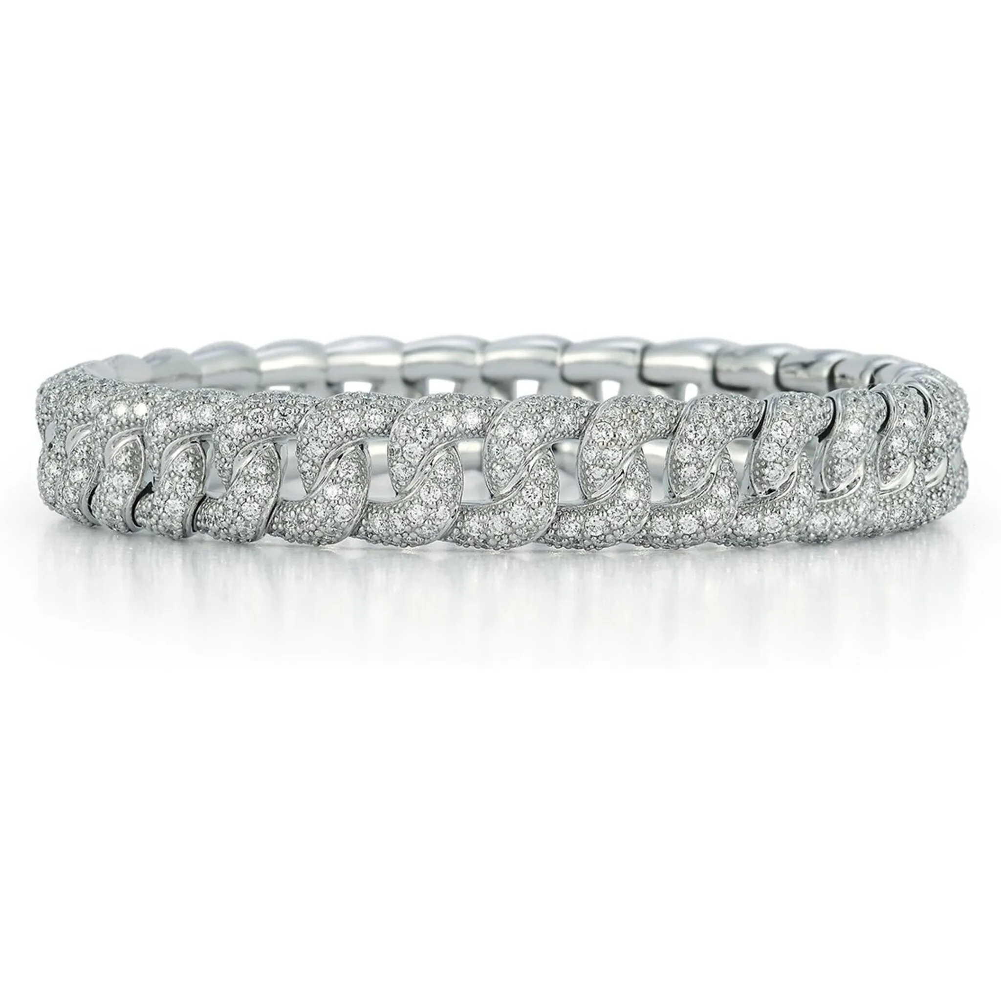 Small Groumette Diamond Link Stretch Bracelet in White Gold