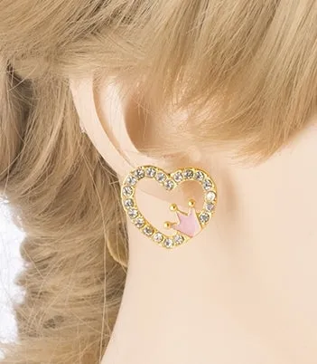 Sparkle Heart Shape with Crown Fashion Medium Stud Earrings Valentine Love Gold